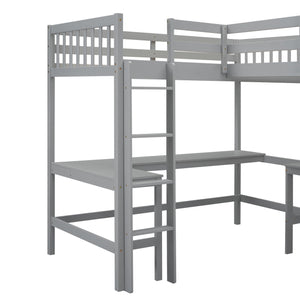 English Elm Wood Twin Loft Bed with Ladders and Dual Built-In L-Shaped Desks for Study & Sleepovers Perfect for Family Retreats Gray GX000444AAE