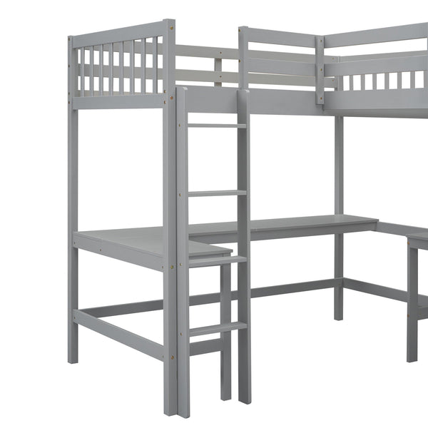 English Elm Wood Twin Loft Bed with Ladders and Dual Built-In L-Shaped Desks for Study & Sleepovers Perfect for Family Retreats Gray GX000444AAE