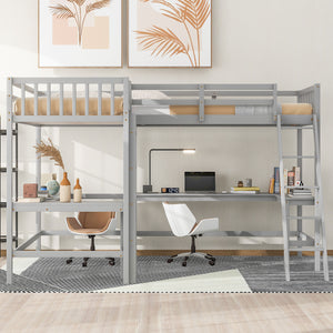 English Elm Wood Twin Loft Bed with Ladders and Dual Built-In L-Shaped Desks for Study & Sleepovers Perfect for Family Retreats Gray GX000444AAE