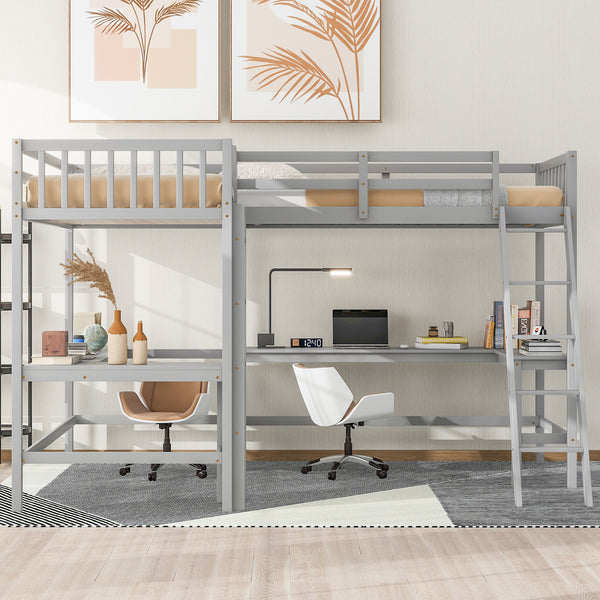 English Elm Wood Twin Loft Bed with Ladders and Dual Built-In L-Shaped Desks for Study & Sleepovers Perfect for Family Retreats Gray GX000444AAE