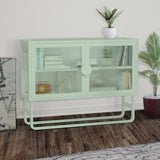 English Elm Stylish Tempered Glass Cabinet Credenza With 2 Fluted Glass Doors Adjustable Shelf U-Shaped Leg Anti-Tip Dust-Free Enclosed Cupboard For Kitchen Living Room Light Green