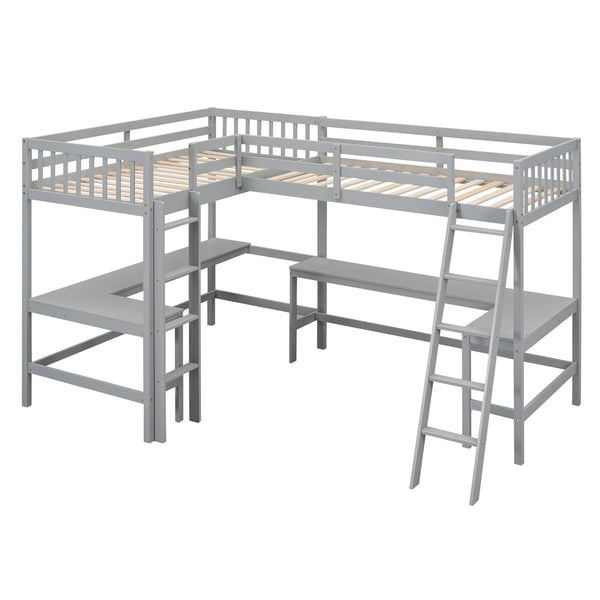 English Elm Wood Twin Loft Bed with Ladders and Dual Built-In L-Shaped Desks for Study & Sleepovers Perfect for Family Retreats Gray GX000444AAE