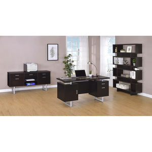 English Elm Cappuccino 5-Drawer Credenza with Open Shelving, Sleek Modern Profile, U-Shaped Metal Legs, Storage B062P145476
