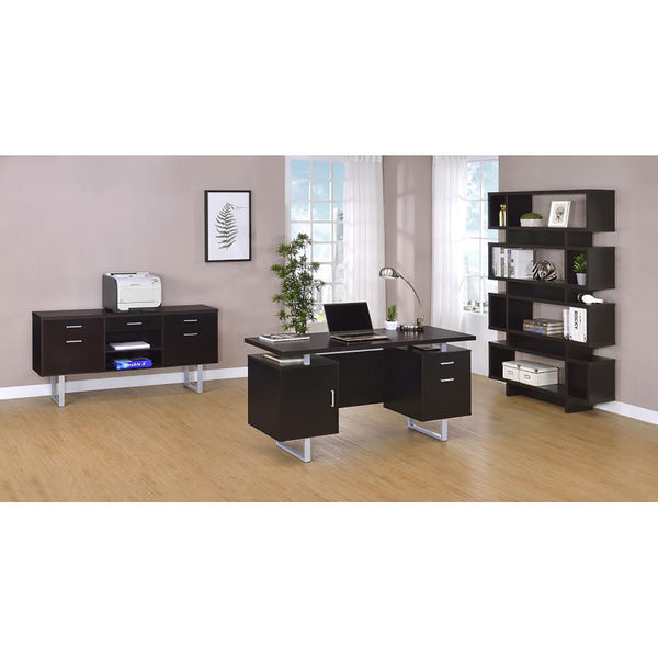 English Elm Cappuccino 5-Drawer Credenza with Open Shelving, Sleek Modern Profile, U-Shaped Metal Legs, Storage B062P145476