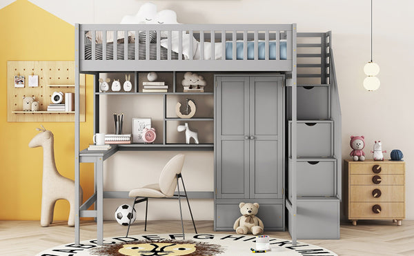 English Elm Full Size Kids Loft Bed with Integrated Desk Bookshelf Wardrobe and Storage Drawers Gray LT100669AAE
