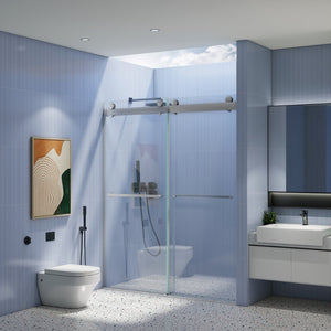 English Elm 56 Inch Frameless Double Sliding Shower Door 10mm Tempered Glass Soft Close Chrome W1573126518
