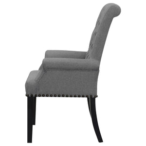 English Elm Grey Tufted Arm Chair with Nailhead Trim, Button Tufting, Rolled Arms & Plush Upholstery on Wood Legs B062P145443