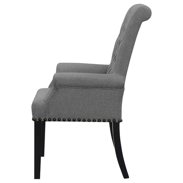 English Elm Grey Tufted Arm Chair with Nailhead Trim, Button Tufting, Rolled Arms & Plush Upholstery on Wood Legs B062P145443