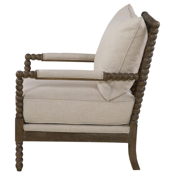 English Elm Beige Vintage-Inspired Removable Back Accent Chair with Faux Linen, Spindle Wood Frame, Oatmeal Tone Elegance B062P145434