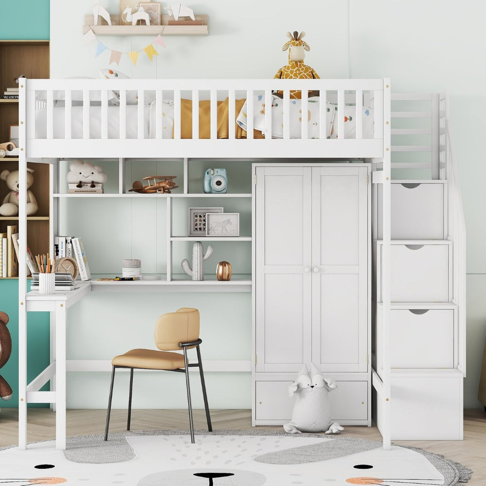 English Elm Full Size Kids Loft Bed with Integrated Desk Bookshelf Wardrobe and Storage Drawers White LT100669AAK