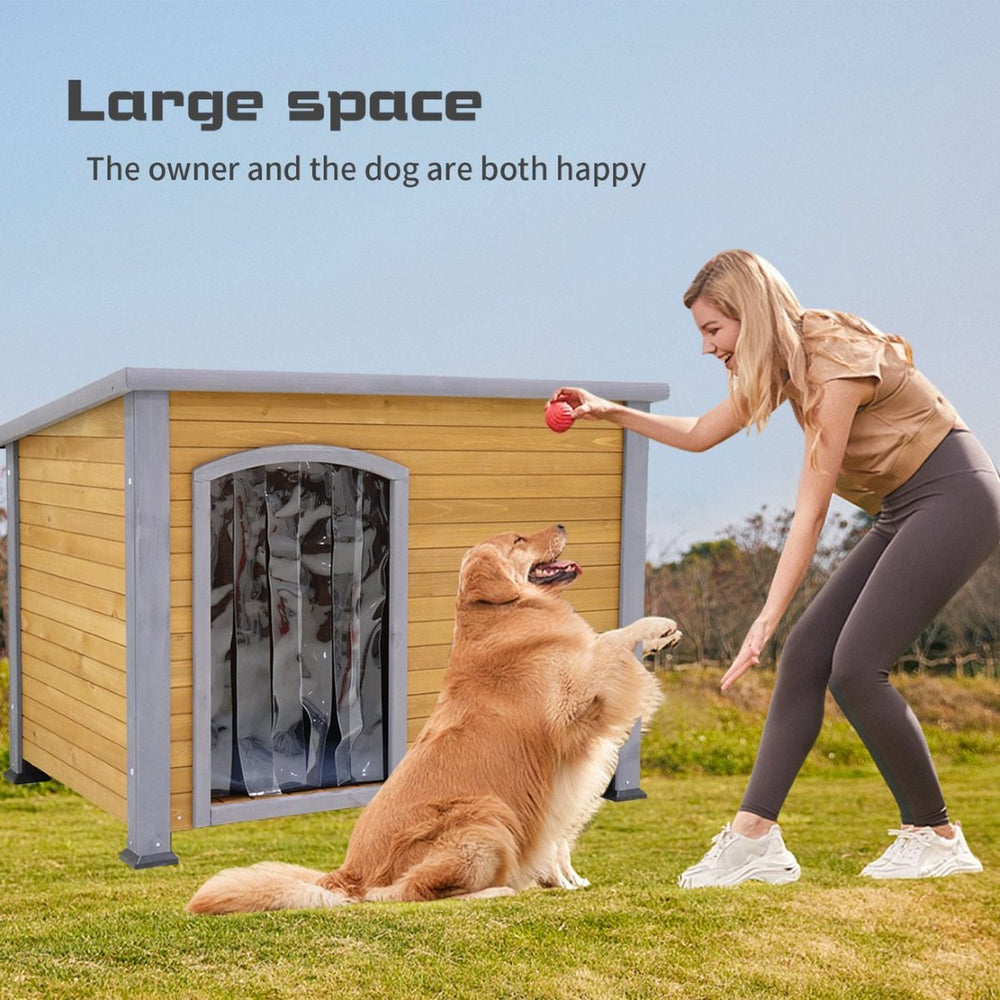 English Elm 45" Solid Wood Outdoor Dog House with Insulated Mat and Windproof Door Curtain W1431133657