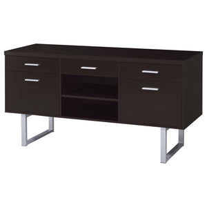 English Elm Cappuccino 5-Drawer Credenza with Open Shelving, Sleek Modern Profile, U-Shaped Metal Legs, Storage B062P145476