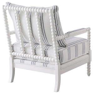 English Elm White Nautical Upholstered Stripe Accent Chair with Stacked-Sphere Spindle Arms, Coastal Linen Look - Elegant Cottage Statement Piece B062P145435
