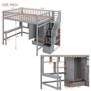 English Elm Full Size Kids Loft Bed with Integrated Desk Bookshelf Wardrobe and Storage Drawers Gray LT100669AAE