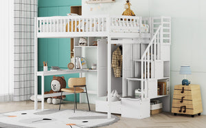 English Elm Full Size Kids Loft Bed with Integrated Desk Bookshelf Wardrobe and Storage Drawers White LT100669AAK