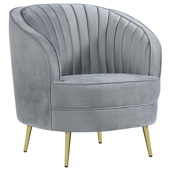 English Elm Grey Velvet Tufted Accent Chair with Gold Tapered Legs, Retro Barrel Shape, Welt Trim, Plush Seating B062P145585