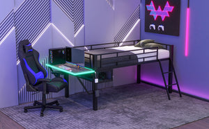 English Elm Gaming Mid Loft Bed with Desk & LED, Twin Black Steel Frame, Under-Bed Console Storage, Sturdy 350lb Capacity MF313231AAB