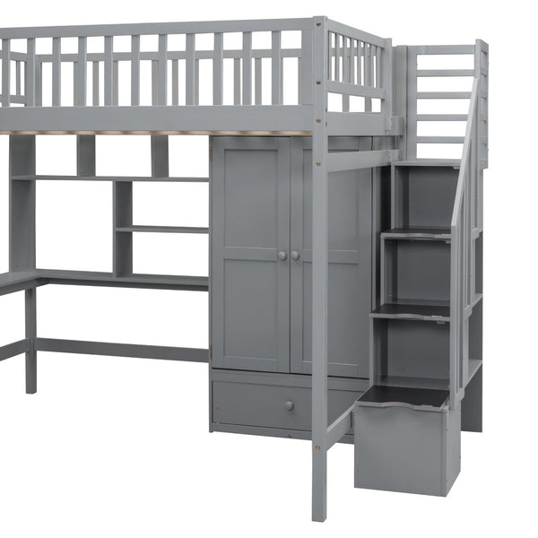 English Elm Full Size Kids Loft Bed with Integrated Desk Bookshelf Wardrobe and Storage Drawers Gray LT100669AAE