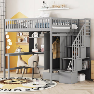 English Elm Full Size Kids Loft Bed with Integrated Desk Bookshelf Wardrobe and Storage Drawers Gray LT100669AAE