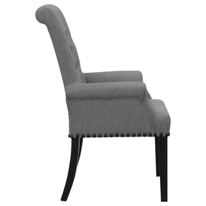 English Elm Grey Tufted Arm Chair with Nailhead Trim, Button Tufting, Rolled Arms & Plush Upholstery on Wood Legs B062P145443