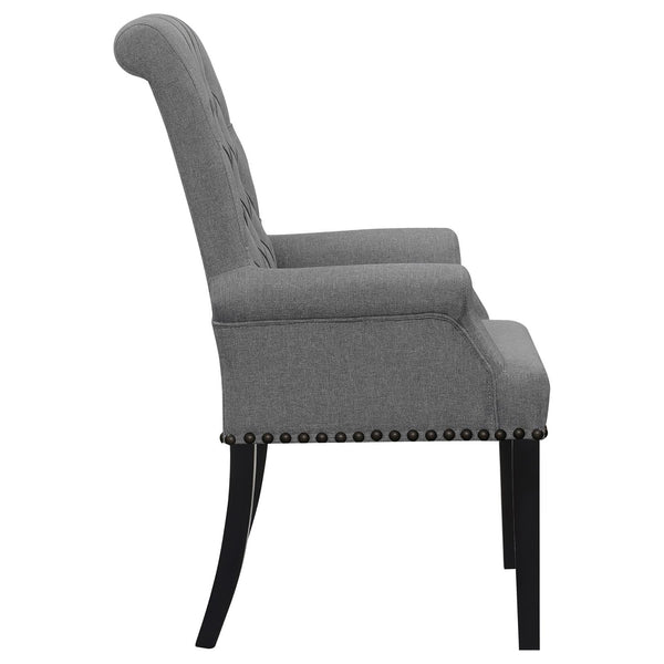 English Elm Grey Tufted Arm Chair with Nailhead Trim, Button Tufting, Rolled Arms & Plush Upholstery on Wood Legs B062P145443