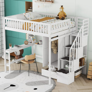 English Elm Full Size Kids Loft Bed with Integrated Desk Bookshelf Wardrobe and Storage Drawers White LT100669AAK