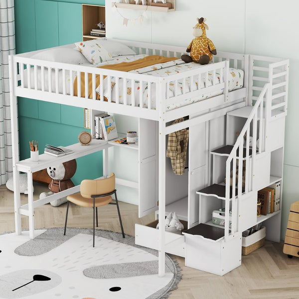 English Elm Full Size Kids Loft Bed with Integrated Desk Bookshelf Wardrobe and Storage Drawers White LT100669AAK