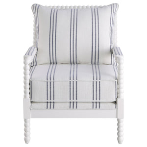 English Elm White Nautical Upholstered Stripe Accent Chair with Stacked-Sphere Spindle Arms, Coastal Linen Look - Elegant Cottage Statement Piece B062P145435