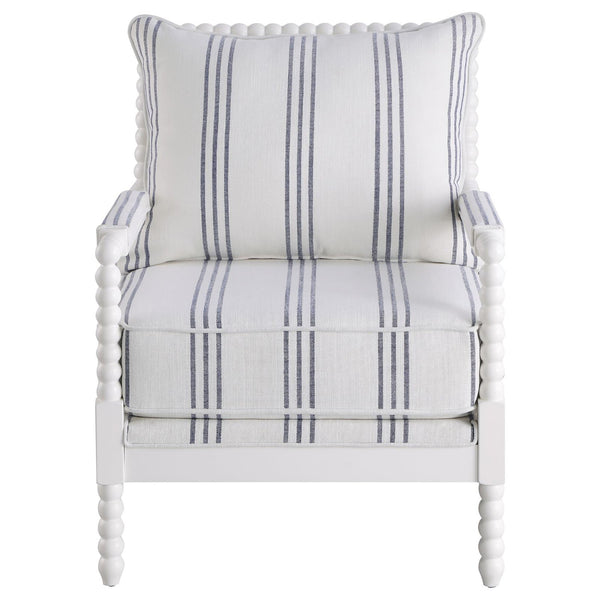 English Elm White Nautical Upholstered Stripe Accent Chair with Stacked-Sphere Spindle Arms, Coastal Linen Look - Elegant Cottage Statement Piece B062P145435