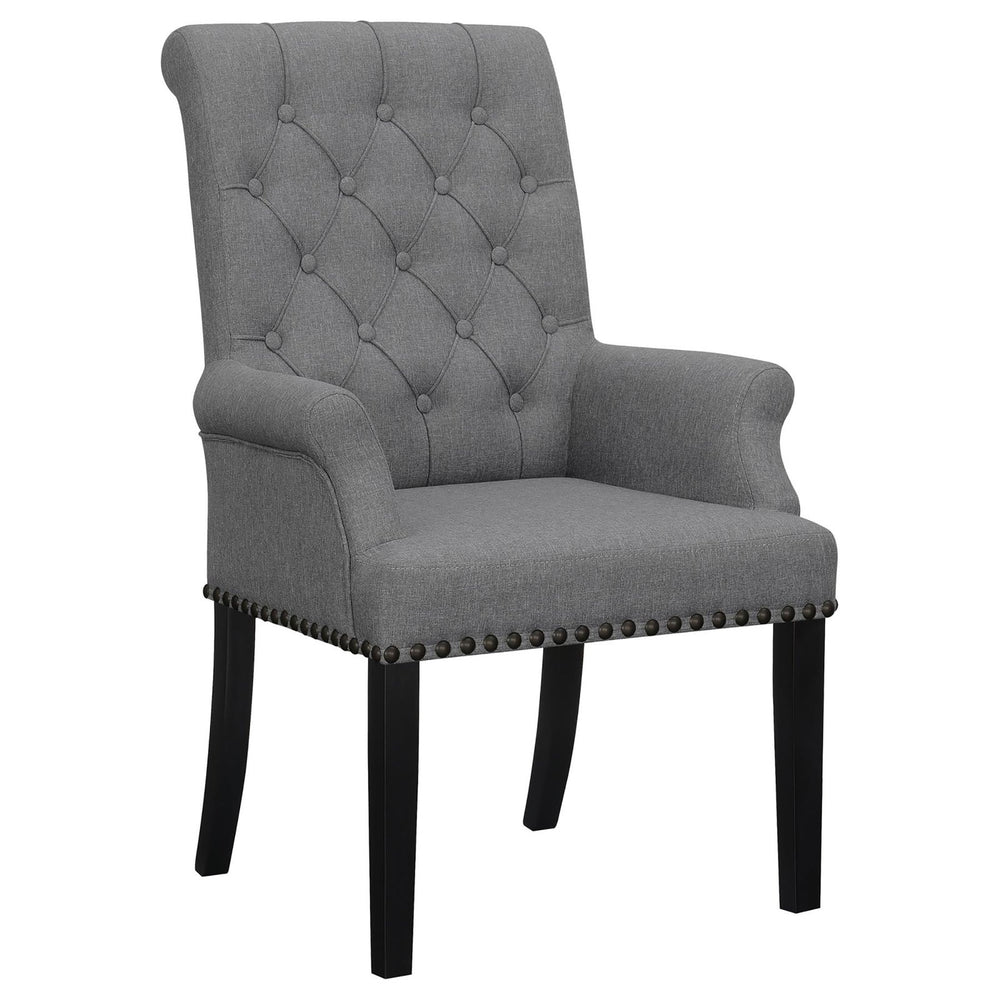 English Elm Grey Tufted Arm Chair with Nailhead Trim, Button Tufting, Rolled Arms & Plush Upholstery on Wood Legs B062P145443