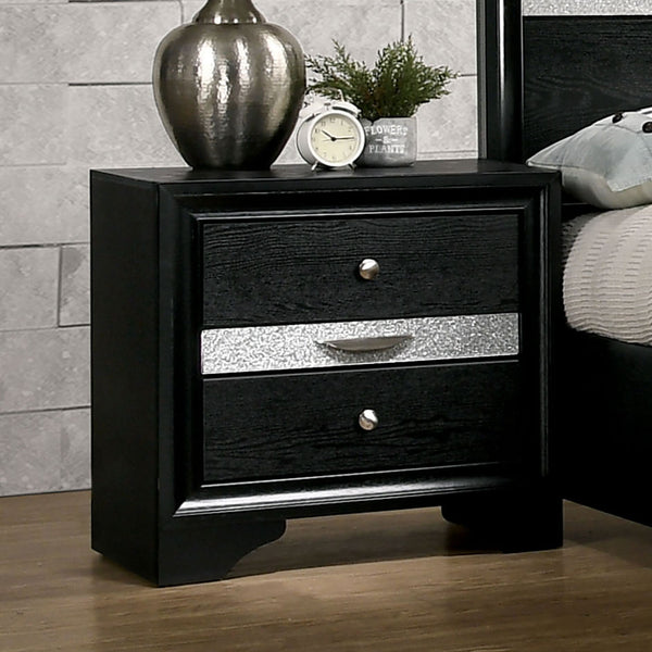 English Elm Contemporary gleaming bedside nightstand with silver accents, dovetail jewelry drawer and nickel knob, 26"H compact design Black 30 L x 20 W x 30 H B011P145826