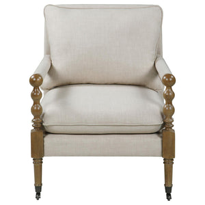 English Elm Beige Beatrice Wooden Accent Chair with Plush Pillows, Curved Turned Legs & Front Casters for Easy Mobility and Cozy Style B062P145436