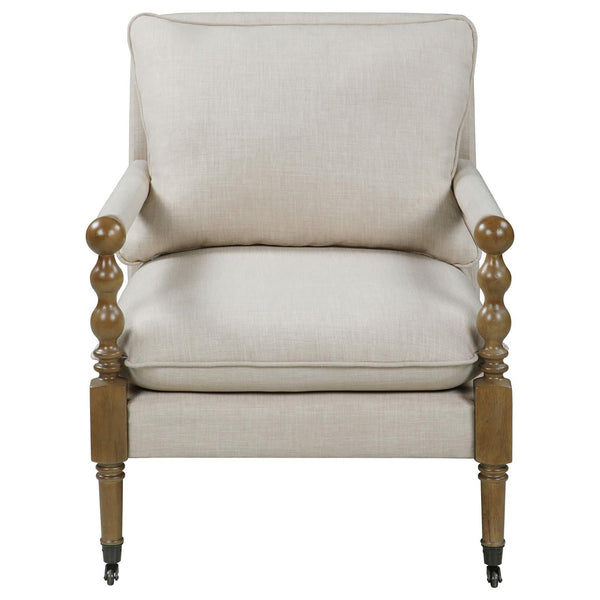 English Elm Beige Beatrice Wooden Accent Chair with Plush Pillows, Curved Turned Legs & Front Casters for Easy Mobility and Cozy Style B062P145436