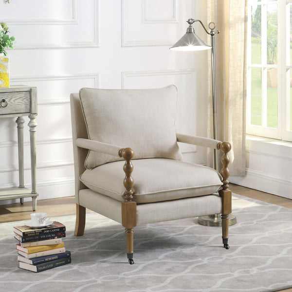 English Elm Beige Beatrice Wooden Accent Chair with Plush Pillows, Curved Turned Legs & Front Casters for Easy Mobility and Cozy Style B062P145436