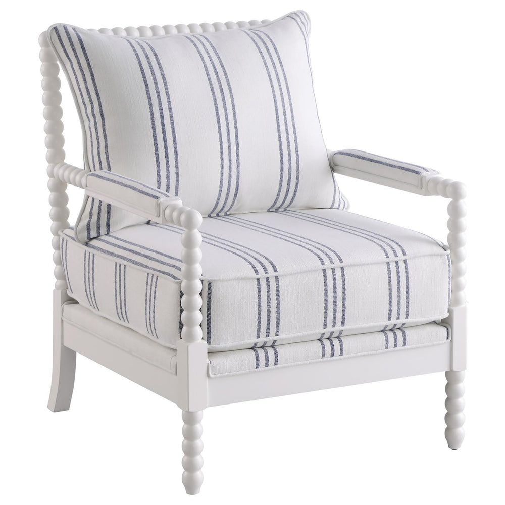 English Elm White Nautical Upholstered Stripe Accent Chair with Stacked-Sphere Spindle Arms, Coastal Linen Look - Elegant Cottage Statement Piece B062P145435