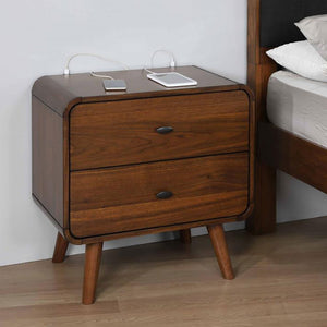 English Elm Dark Walnut Rounded-Edge 2-Drawer Nightstand with Gunmetal Hardware, Mid-Century Modern Warmth and Rustic Charm B062P145475