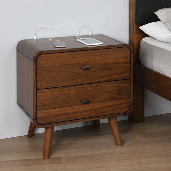 English Elm Dark Walnut Rounded-Edge 2-Drawer Nightstand with Gunmetal Hardware, Mid-Century Modern Warmth and Rustic Charm B062P145475