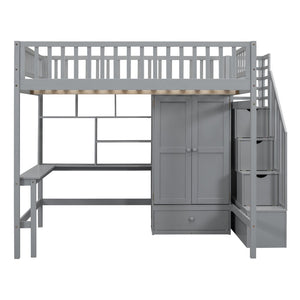 English Elm Full Size Kids Loft Bed with Integrated Desk Bookshelf Wardrobe and Storage Drawers Gray LT100669AAE