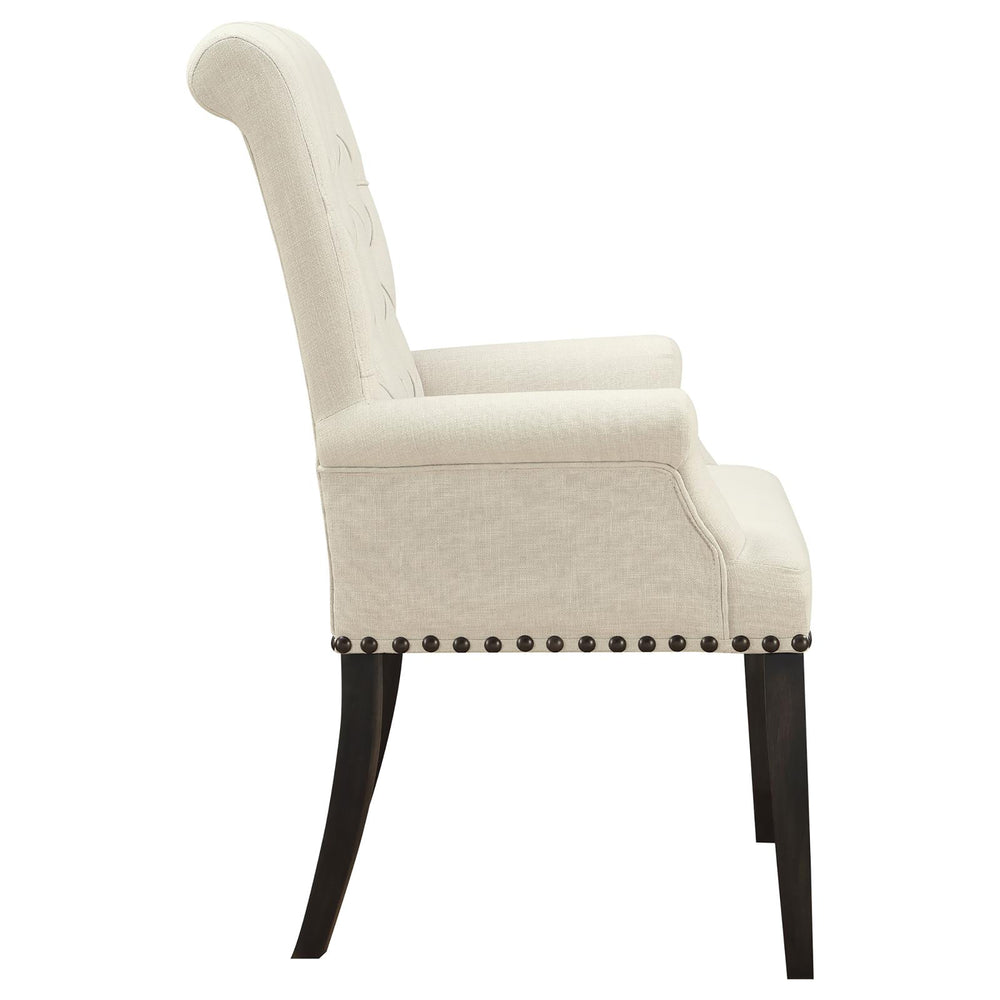 English Elm Beige Tufted Arm Chair with Diamond Button Back, Matte Gunmetal Nailhead Trim and Smokey Black Legs B062P145444