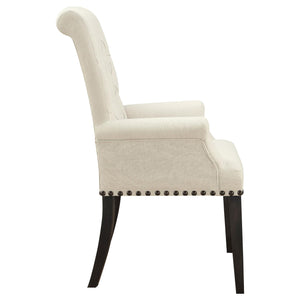 English Elm Beige Tufted Arm Chair with Diamond Button Back, Matte Gunmetal Nailhead Trim and Smokey Black Legs B062P145444