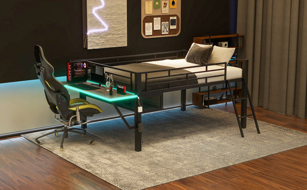 English Elm Gaming Mid Loft Bed with Desk & LED | Full Black Steel Platform, Vented Console Storage, 350lb Capacity GX000640AAB