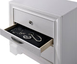 Contemporary White Nightstand with Hidden Jewelry Drawer and Silver Accents