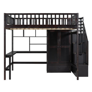 English Elm Full Size Kids Loft Bed with Integrated Desk Bookshelf Wardrobe and Storage Drawers Espresso LT100669AAP