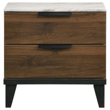 English Elm Walnut Brown 2-Drawer Faux Marble Top Nightstand