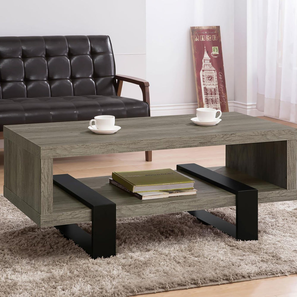 English Elm Grey Driftwood Modern 1-Shelf Coffee Table with Industrial Metal Accents, Spacious Display & Storage 92" B062P145594