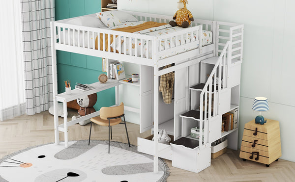 English Elm Full Size Kids Loft Bed with Integrated Desk Bookshelf Wardrobe and Storage Drawers White LT100669AAK