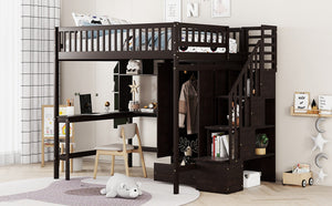 English Elm Full Size Kids Loft Bed with Integrated Desk Bookshelf Wardrobe and Storage Drawers Espresso LT100669AAP
