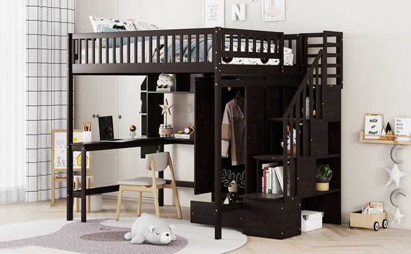 English Elm Full Size Kids Loft Bed with Integrated Desk Bookshelf Wardrobe and Storage Drawers Espresso LT100669AAP