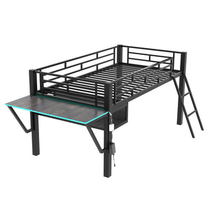 English Elm Gaming Mid Loft Bed with Desk & LED, Twin Black Steel Frame, Under-Bed Console Storage, Sturdy 350lb Capacity MF313231AAB
