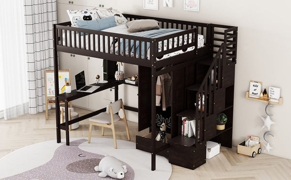 English Elm Full Size Kids Loft Bed with Integrated Desk Bookshelf Wardrobe and Storage Drawers Espresso LT100669AAP